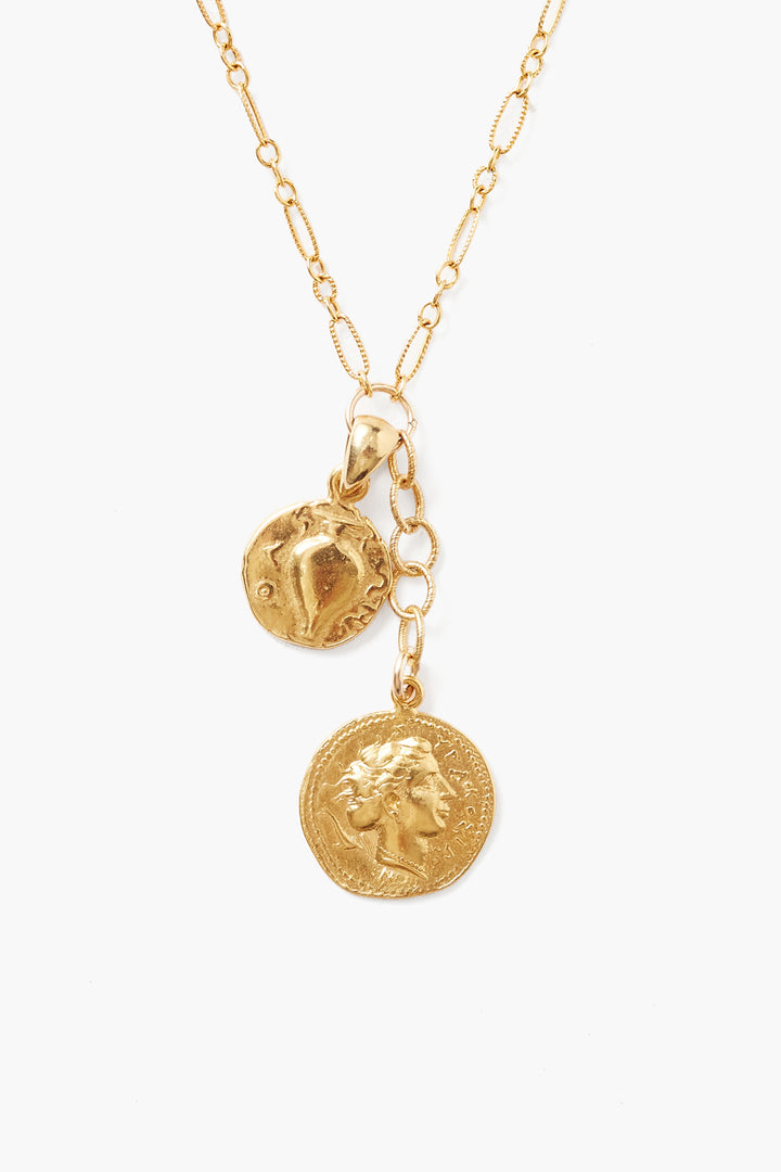 YELLOW GOLD ADJUSTABLE COIN ON ETCHED CHAIN NECKLACE - Kingfisher Road - Online Boutique