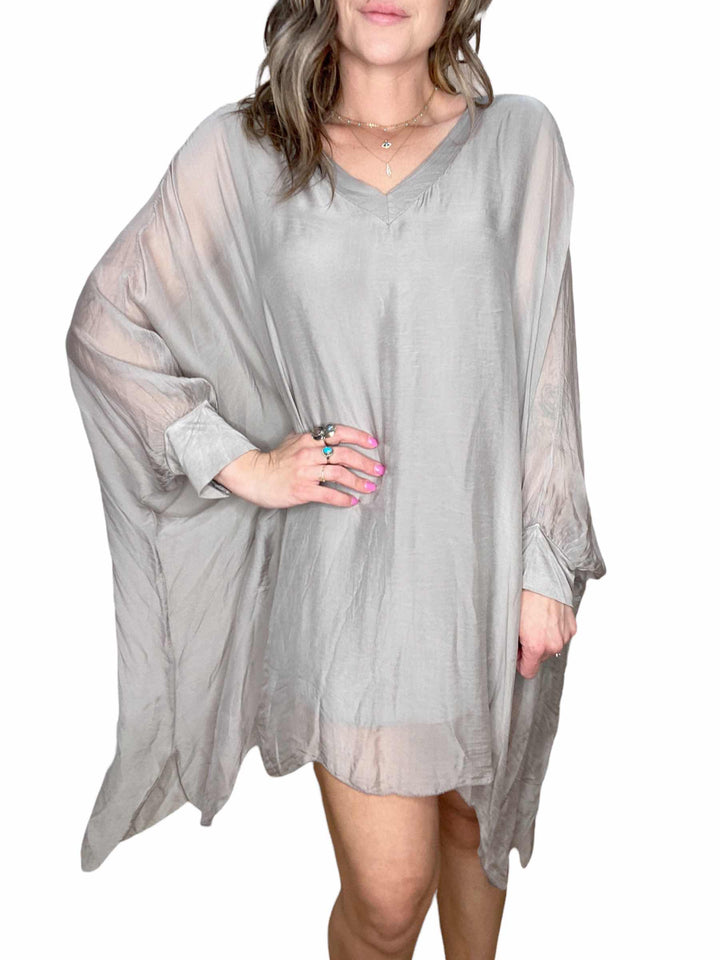 SILK V-NECK LONG TUNIC - TAUPE - Kingfisher Road - Online Boutique