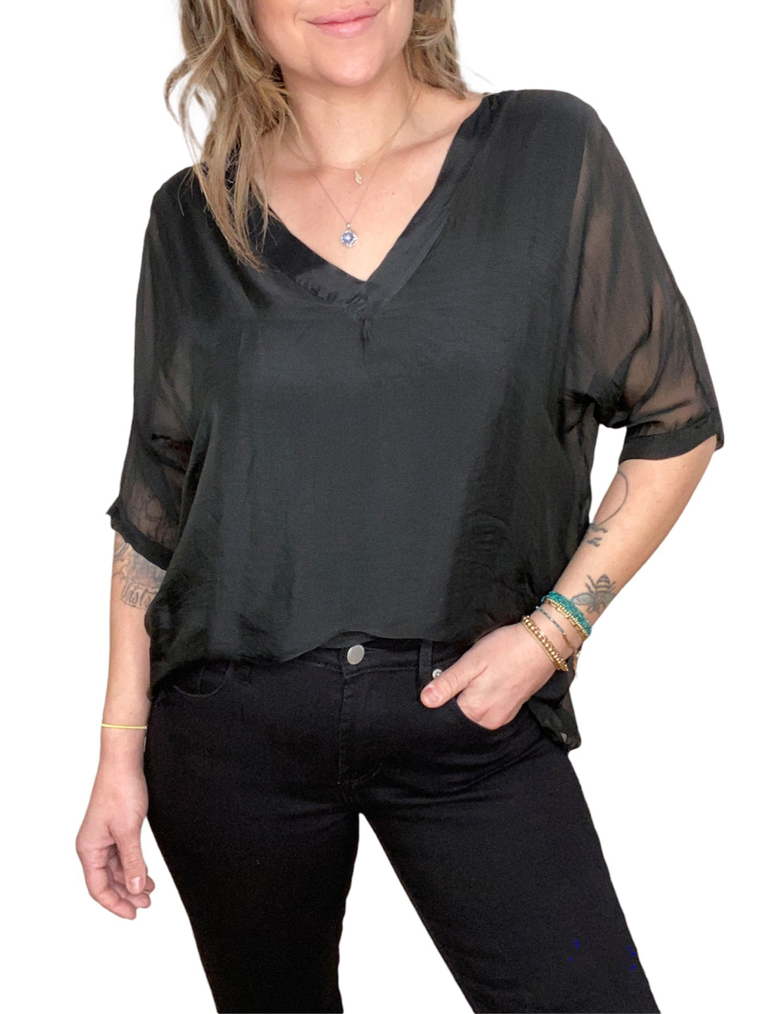 SILK V-NECK RUFFLE TOP - Kingfisher Road - Online Boutique