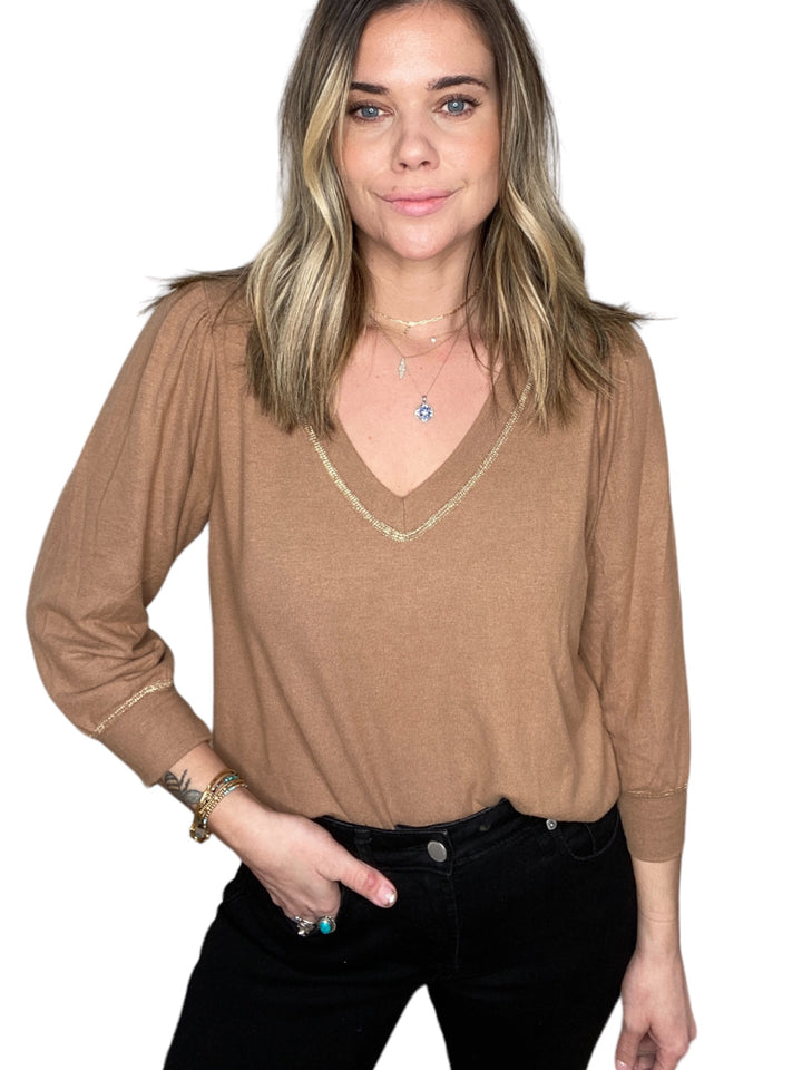 GABRIELLA V-NECK 3/4 SLV SWEATSHIRT - CAMEL - Kingfisher Road - Online Boutique