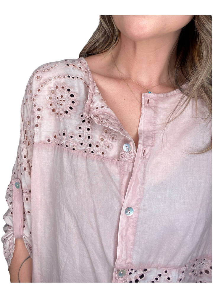 EYELET EMBROIDERED BUTTON TOP - ROSE - Kingfisher Road - Online Boutique