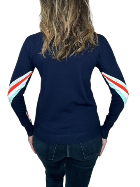 V-NECK  MULTI STRIPE SWEATER-NAVY - Kingfisher Road - Online Boutique