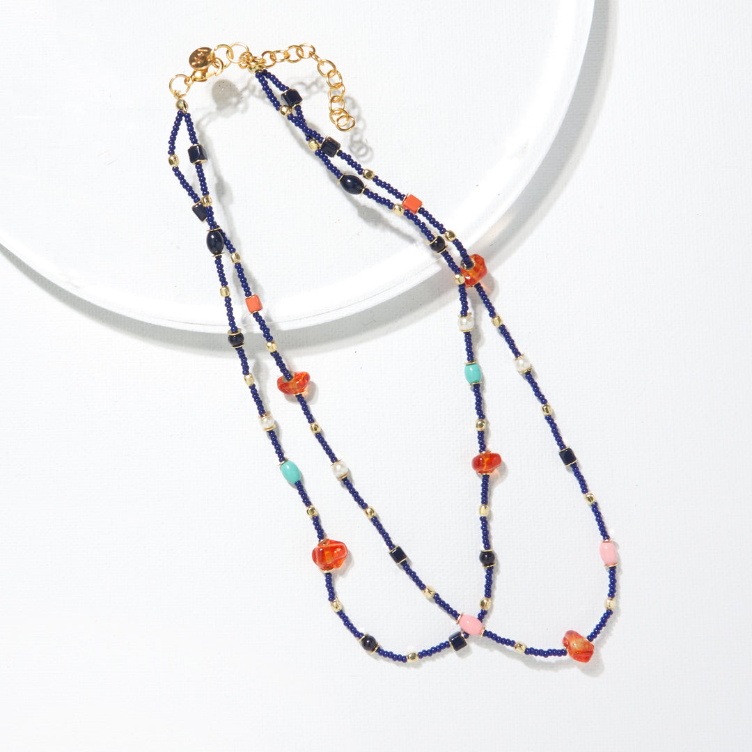 16" NAVY DOUBLE STRAND BEAD NECKLACE - Kingfisher Road - Online Boutique