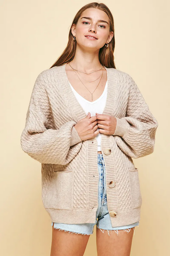 OATMEAL BUTTON FRONT CABLE KNIT CARDIGAN - Kingfisher Road - Online Boutique