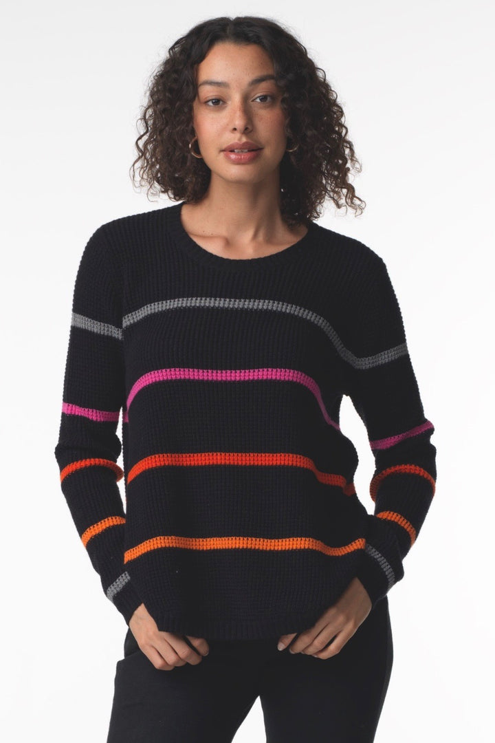 WAFFLE WITH STRIPE SWEATER - BLACK - Kingfisher Road - Online Boutique