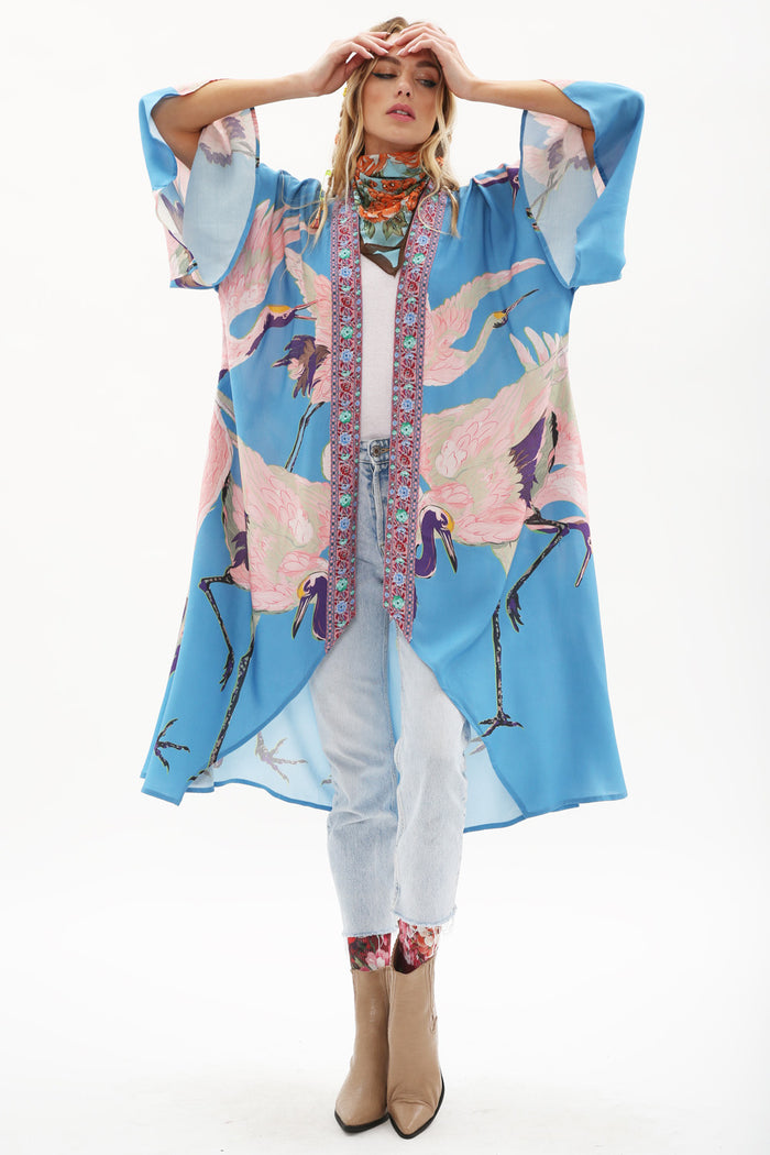 VINTAGE TEAL STORY OF THE CRANE KIMONO - Kingfisher Road - Online Boutique