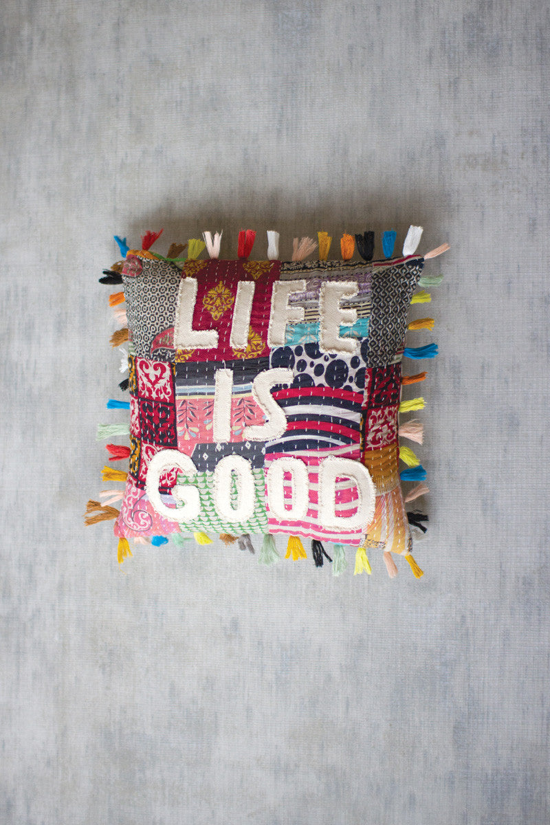 LIFE IS GOOD KANTHA PILLOW - Kingfisher Road - Online Boutique