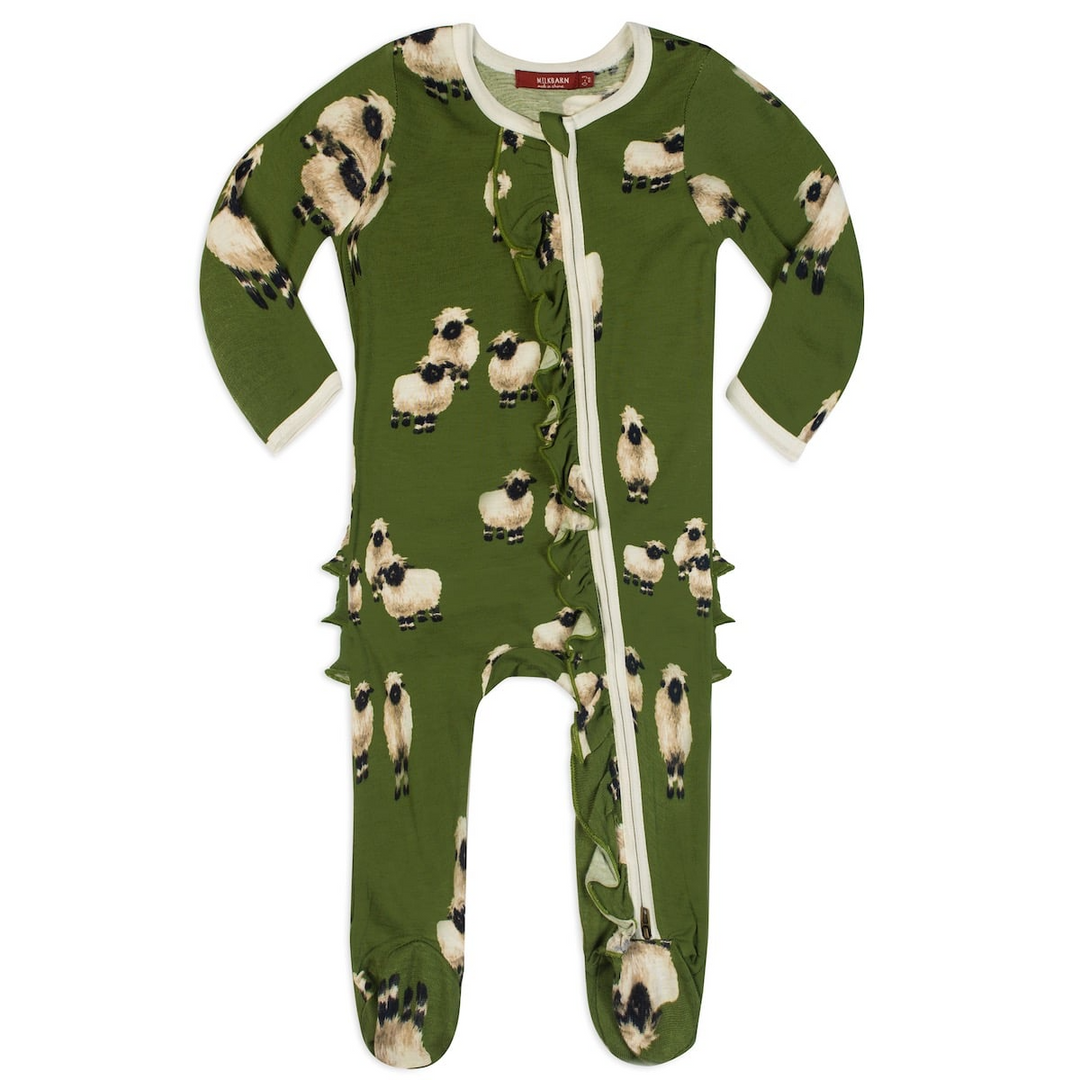 VALAIS SHEEP BAMBOO RUFFLE ZIPPER FOOTED ROMPER - Kingfisher Road - Online Boutique