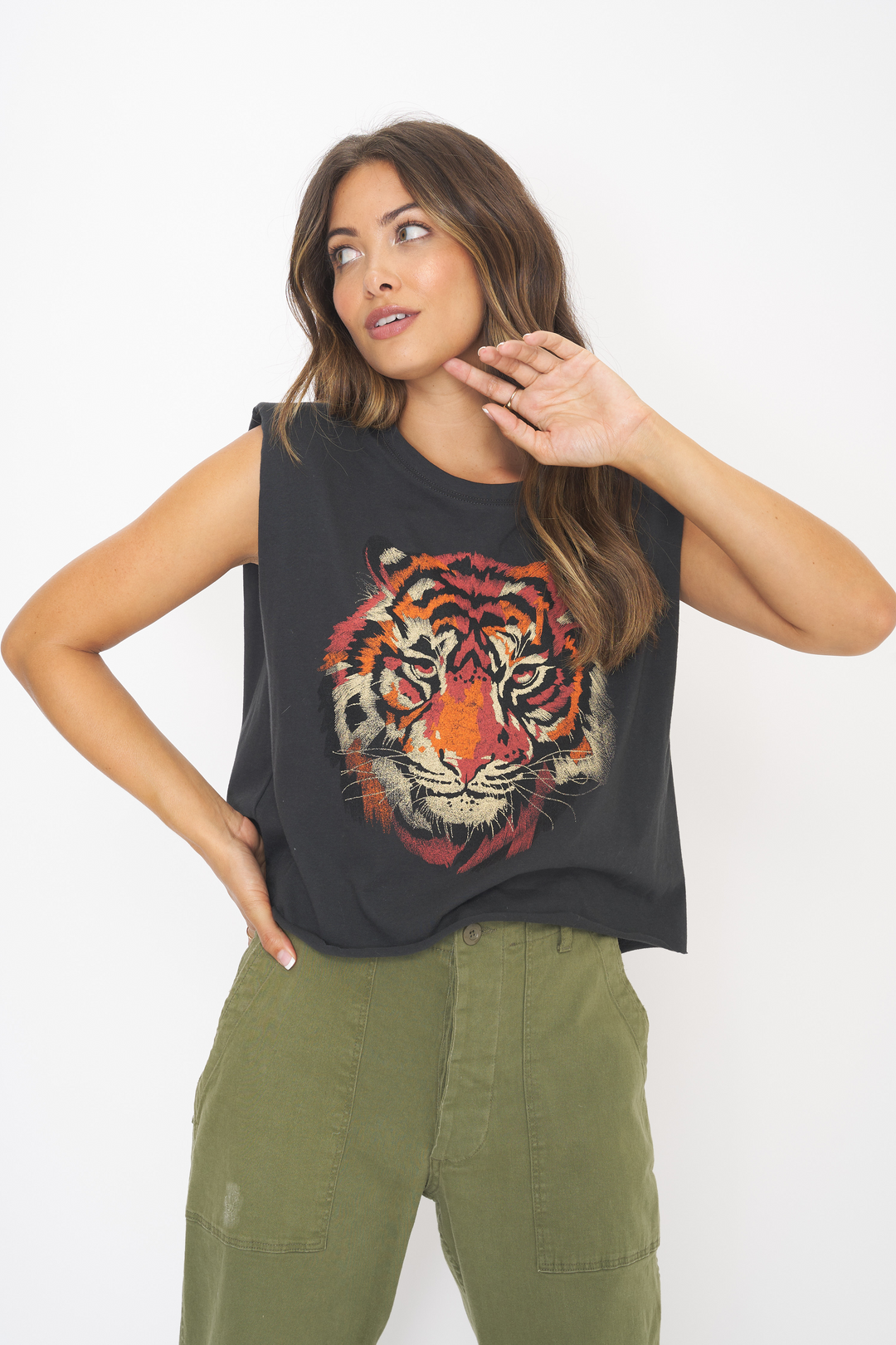 WASHED BLACK SHOULDER PAD MUSCLE TANK - Kingfisher Road - Online Boutique