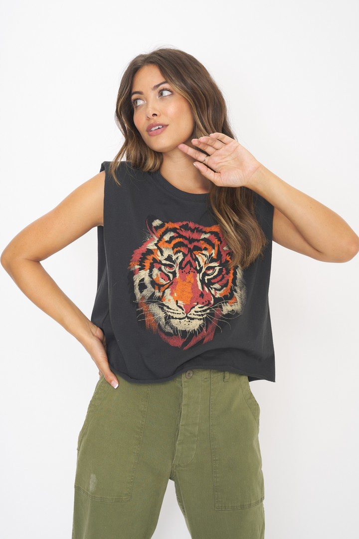 WASHED BLACK SHOULDER PAD MUSCLE TANK - Kingfisher Road - Online Boutique