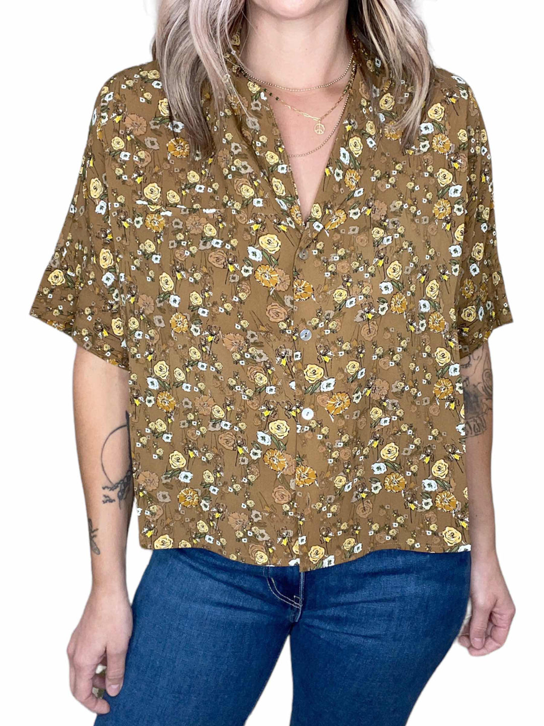 V-NECK POLO FLOWY TOP - CAMEL - Kingfisher Road - Online Boutique