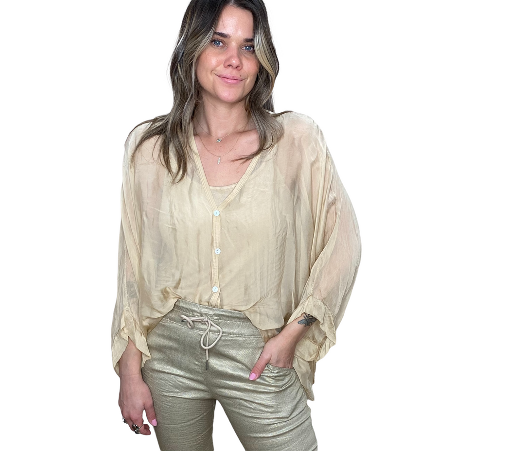 SILK 2-PC BUTTON DOWN TOP - CAMEL - Kingfisher Road - Online Boutique