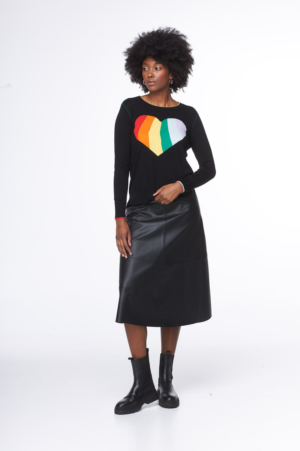 HEART W/WHIP STITCH SWEATER - BLACK COMBO - Kingfisher Road - Online Boutique