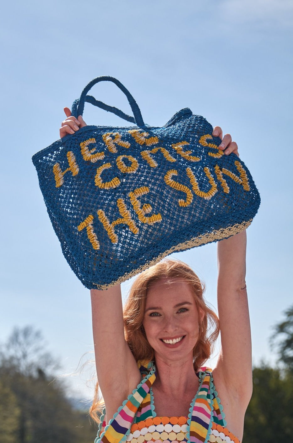 YELLOW HERE COMES THE SUN LARGE JUTE TOTE - Kingfisher Road - Online Boutique
