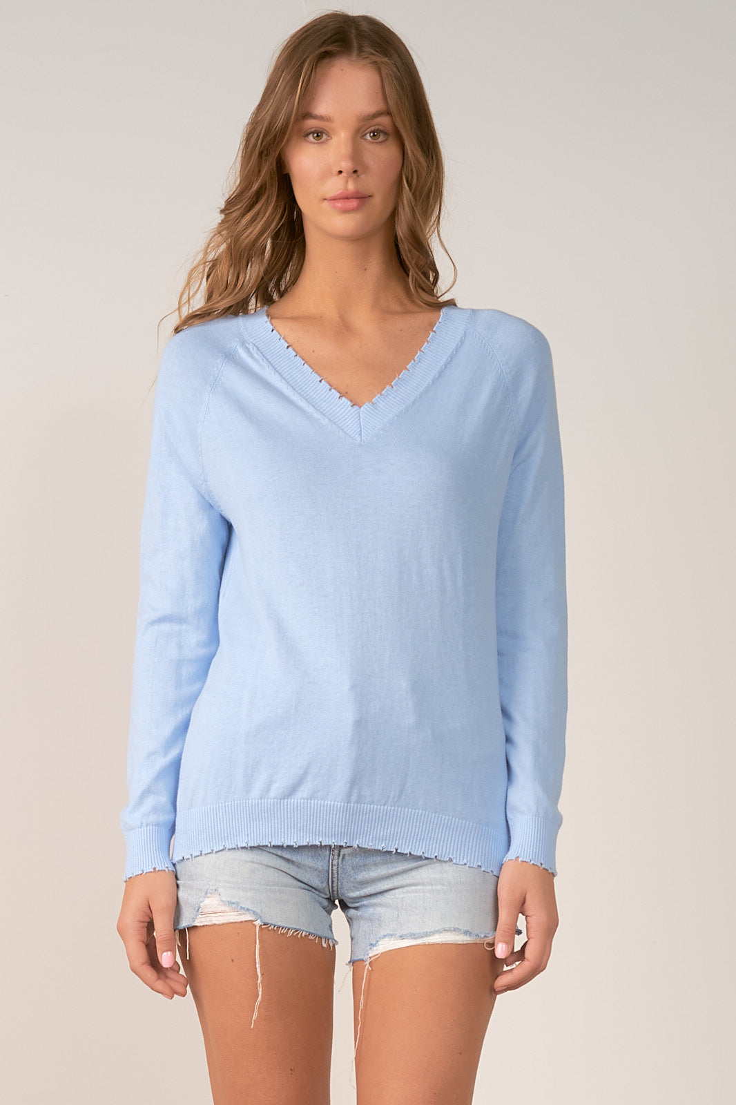 V-NECK SWEATER W/RIP EDGES - Kingfisher Road - Online Boutique