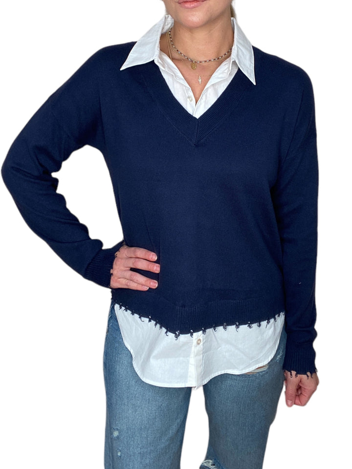 V-NECK SHIRT SWEATER - NAVY - Kingfisher Road - Online Boutique