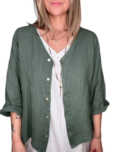 LINEN BUTTON DOWN V-NECK TOP-SAGE - Kingfisher Road - Online Boutique