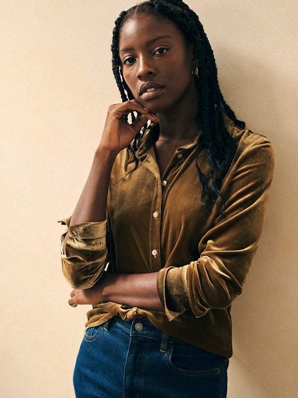 STRETCH SILK VELVET GENEVIEVE SHIRT-BREEN - Kingfisher Road - Online Boutique