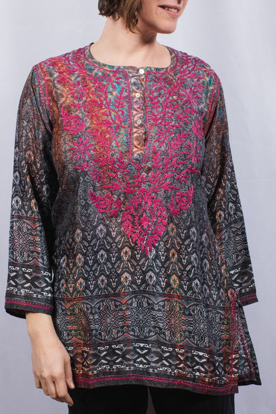 BURGUNDY/CHARCOAL EMBROIDERED TUNIC - Kingfisher Road - Online Boutique