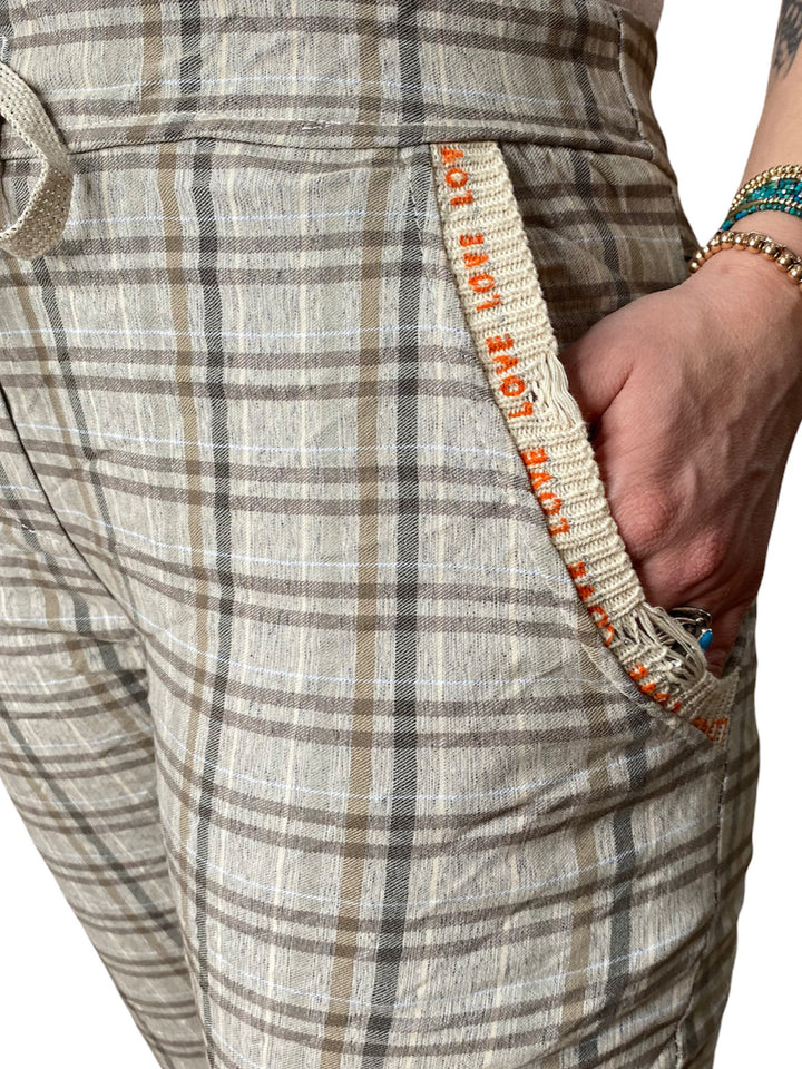 TAUPE PLAID DRAWSTRING PANT - Kingfisher Road - Online Boutique