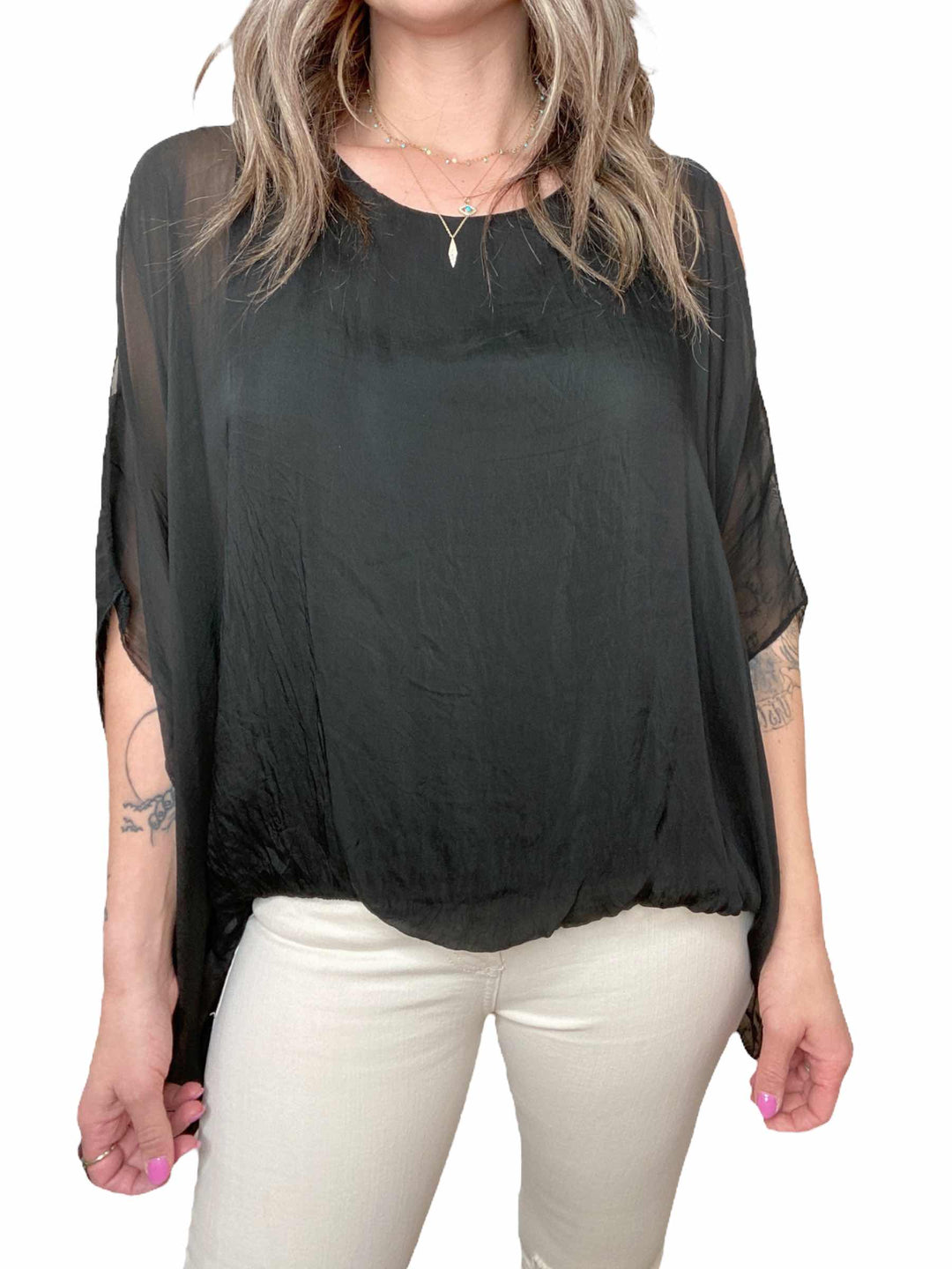 SILK COLD SHOULDER TOP - BLACK - Kingfisher Road - Online Boutique