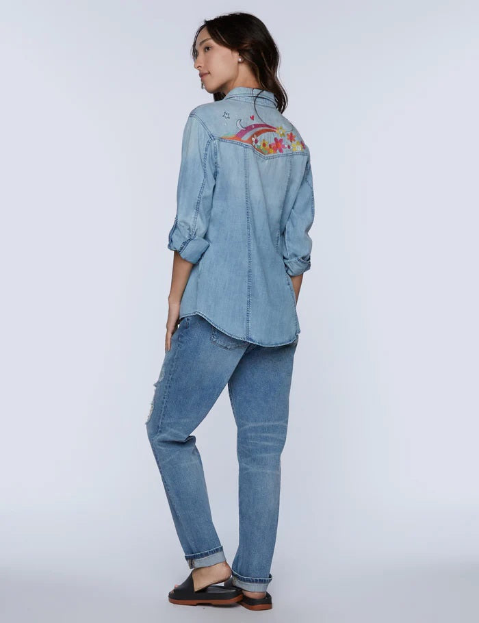 TO THE MOON AND BACK DENIM EMBRPOIDERED SHIRT - Kingfisher Road - Online Boutique