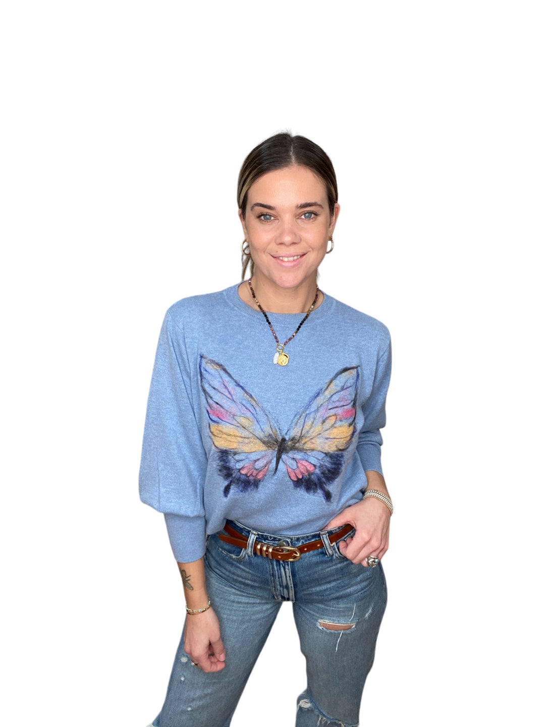 COTTON CASHMERE BUTTERFLY SWEATER-SKY BLUE - Kingfisher Road - Online Boutique