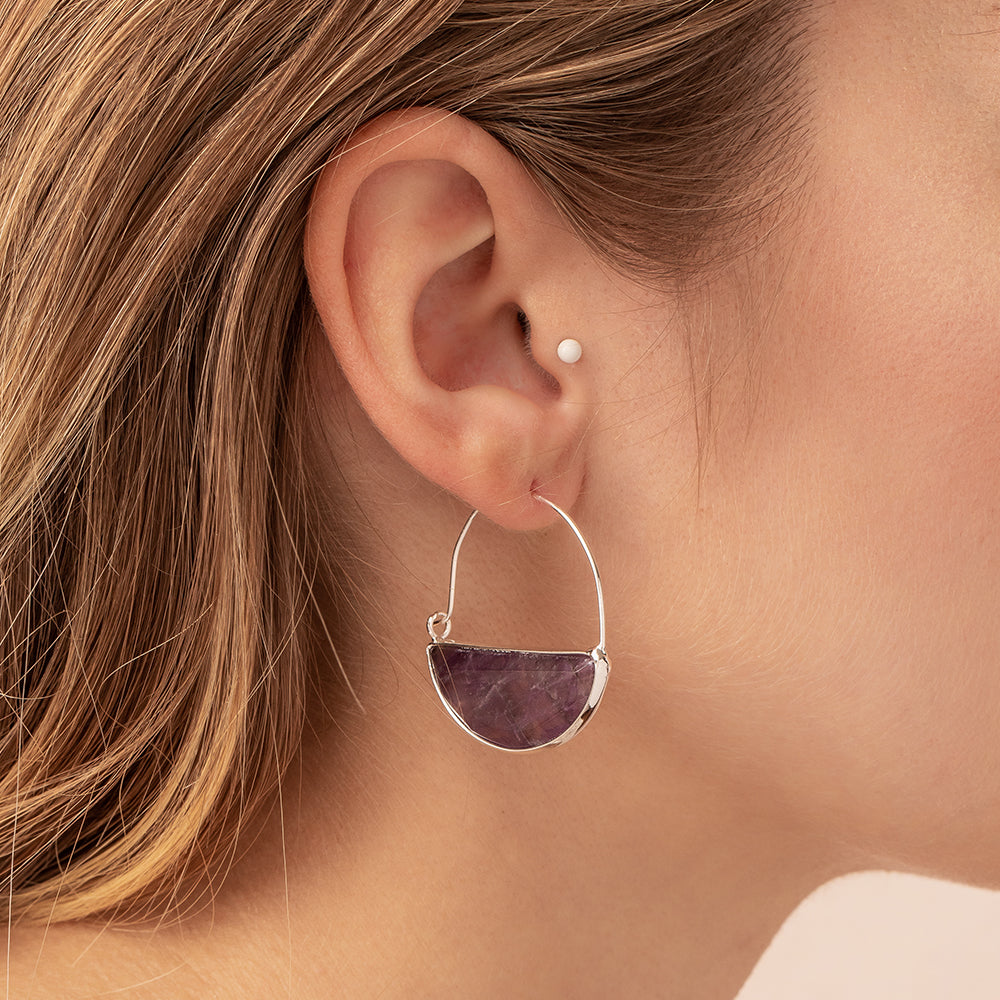 STONE PRISM HOOP EARRING AMETHYST/SILVER - Kingfisher Road - Online Boutique