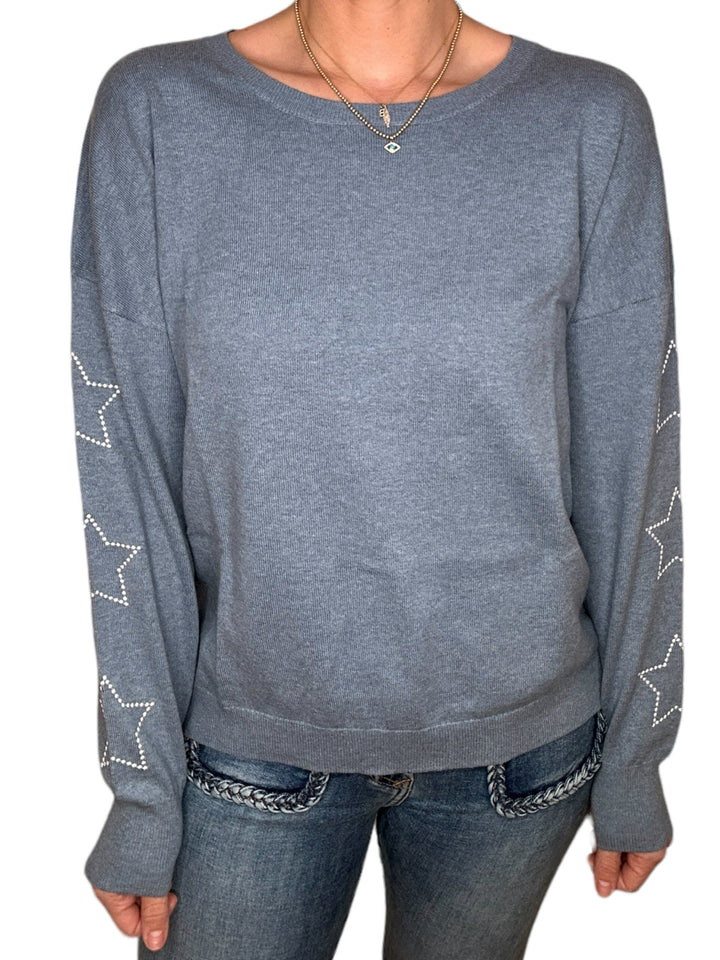 EMBROIDERED STAR SLEEVE SWEATER-CHAMBRAY - Kingfisher Road - Online Boutique