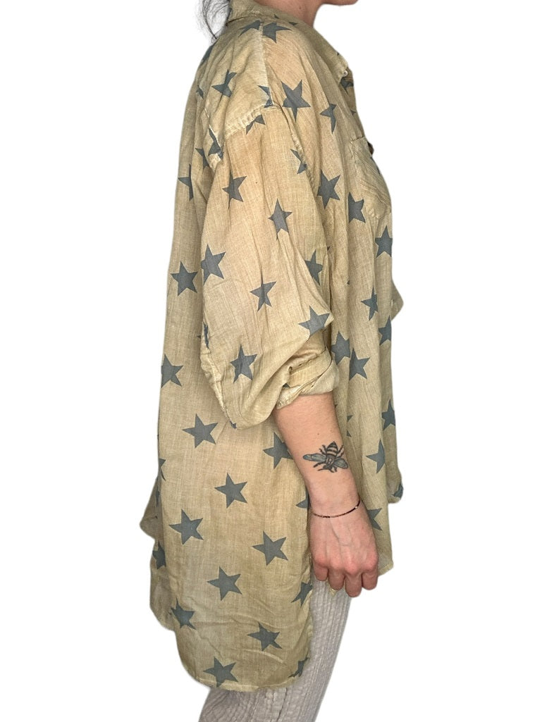 BLUE STAR BUTTON FRONT BLOUSE - Kingfisher Road - Online Boutique