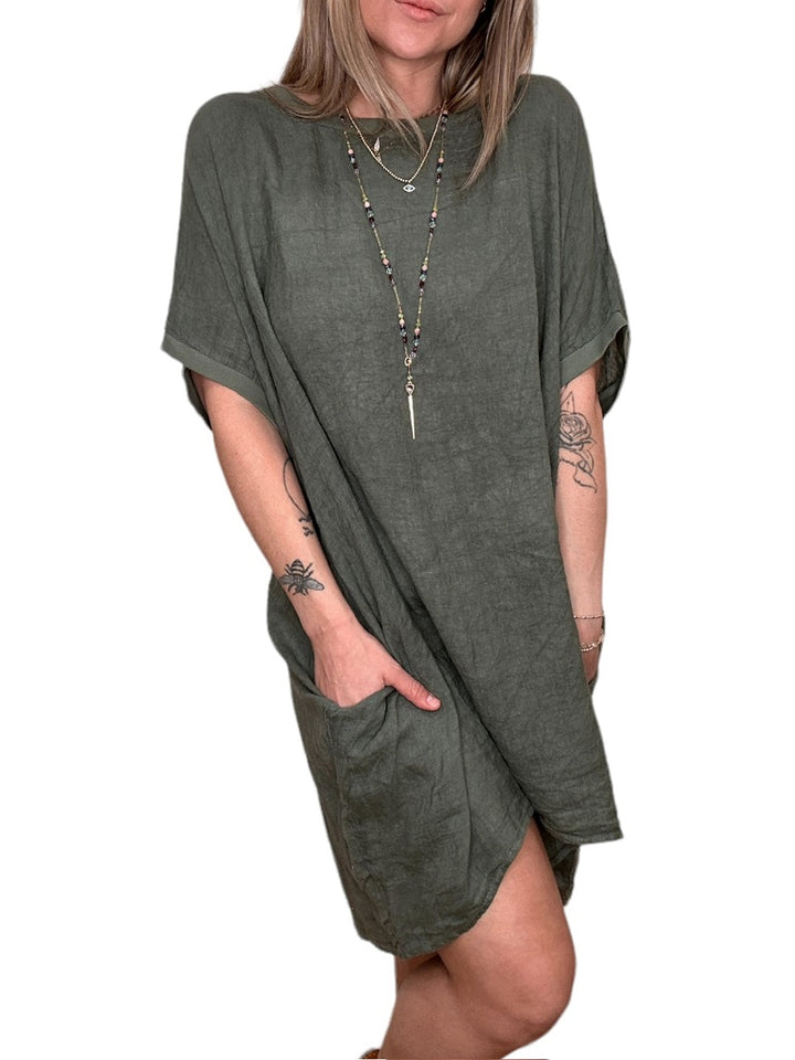 LINEN RIB TRIM ROUND NECK TUNIC-SAGE - Kingfisher Road - Online Boutique