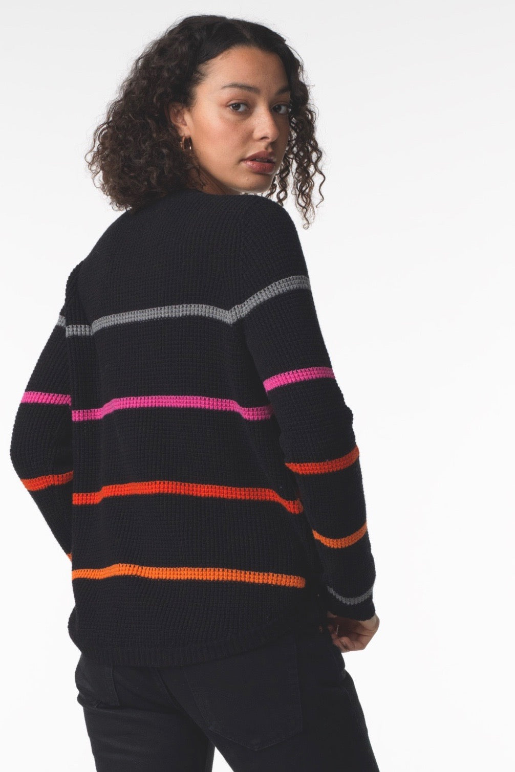 WAFFLE WITH STRIPE SWEATER - BLACK - Kingfisher Road - Online Boutique
