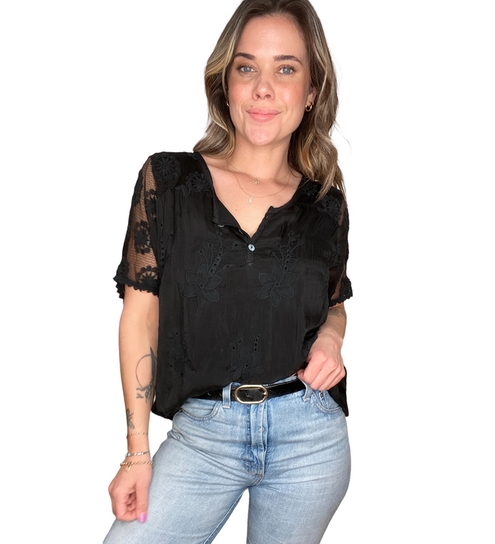 SILK FLORAL EMBROIDERED S/S TOP - BLACK - Kingfisher Road - Online Boutique