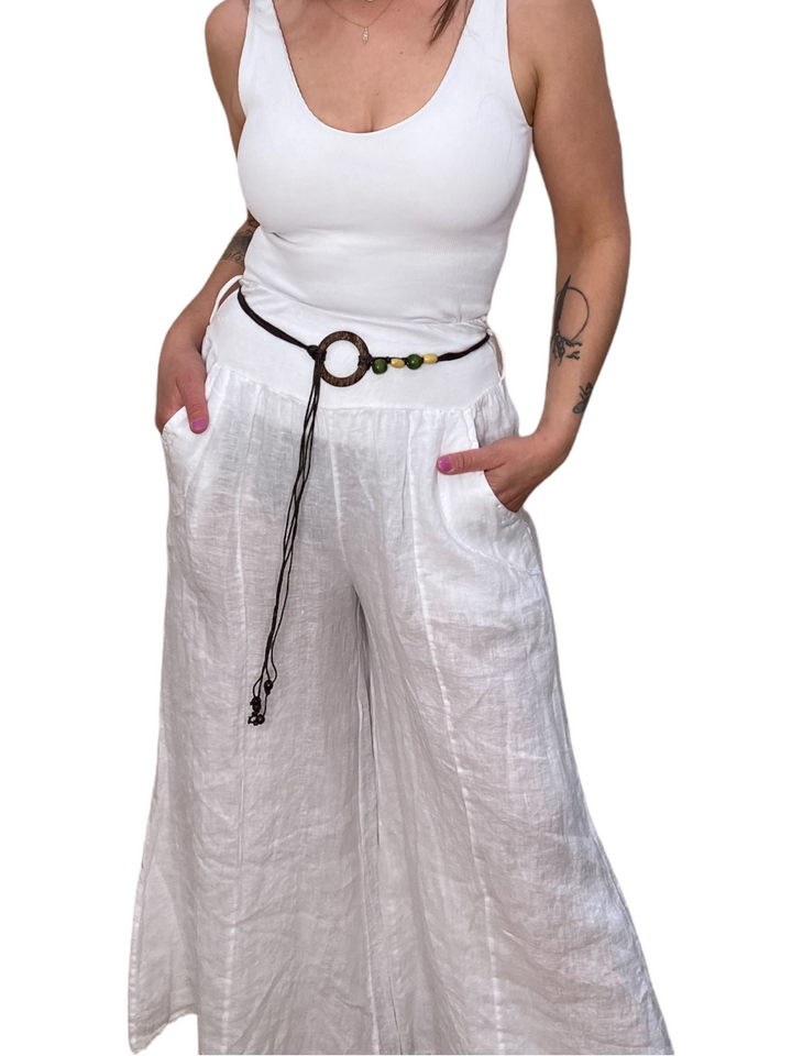 WHITE BELTED LINEN PALAZZO PANTS - Kingfisher Road - Online Boutique