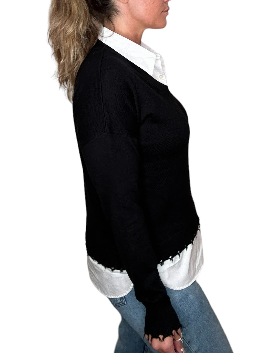 LAYERED V-NECK SWEATER - BLACK - Kingfisher Road - Online Boutique