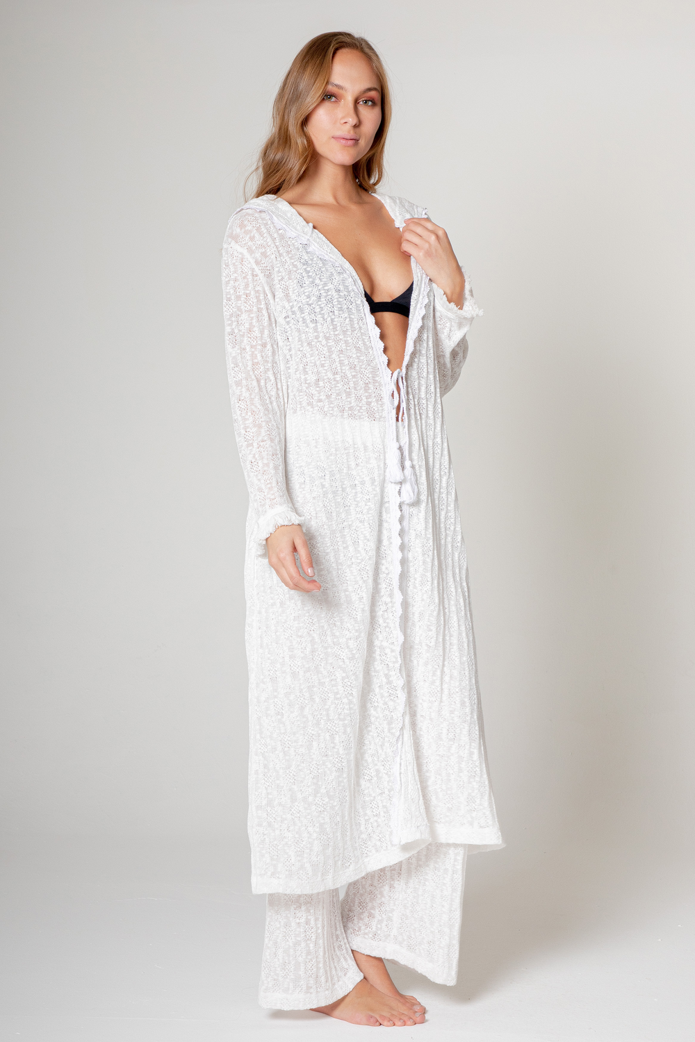 LONG CROCHET DUSTER WITH HOODIE - WHITE - Kingfisher Road - Online Boutique