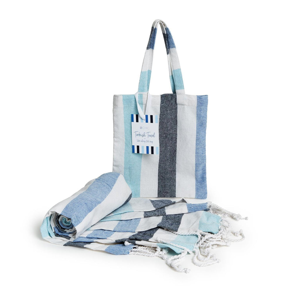 BLUE STRIPE TURKISH TOWEL AND BAG SET - Kingfisher Road - Online Boutique