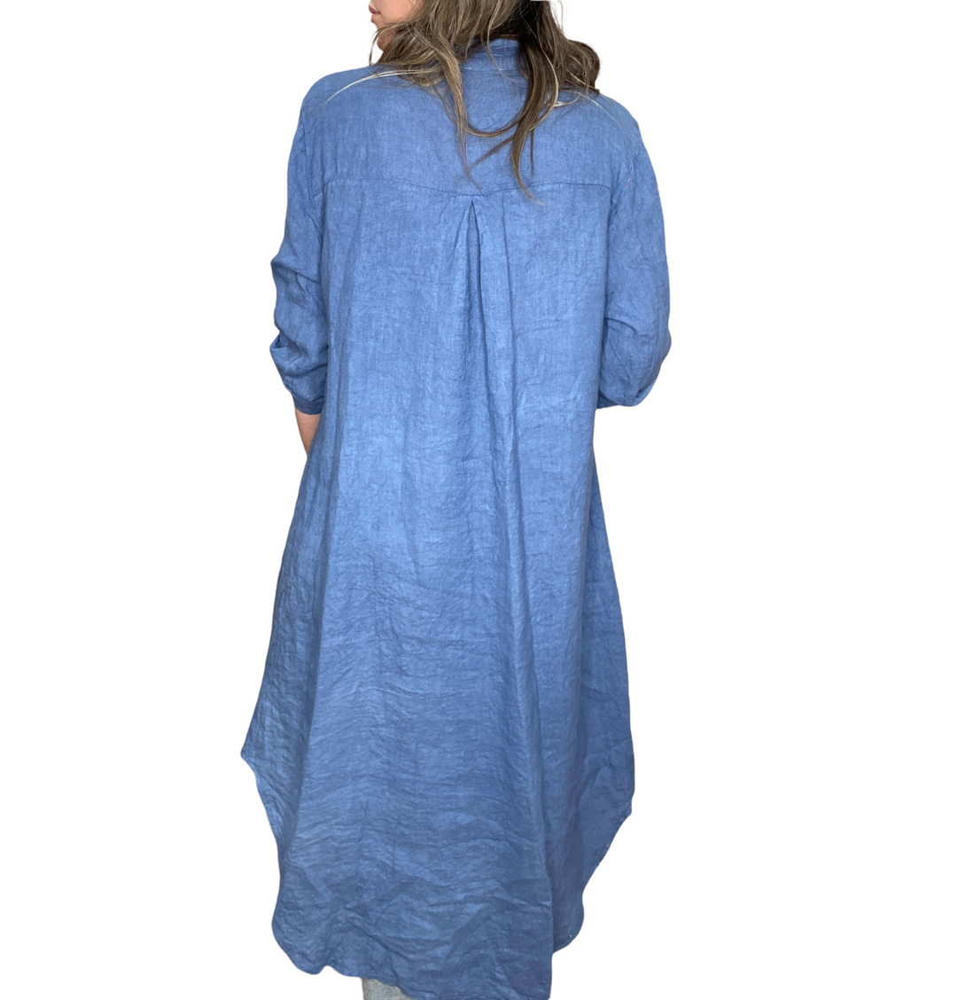 LONG LINEN BUTTON DOWN SHIRT DRESS CHAMBRAY - Kingfisher Road - Online Boutique