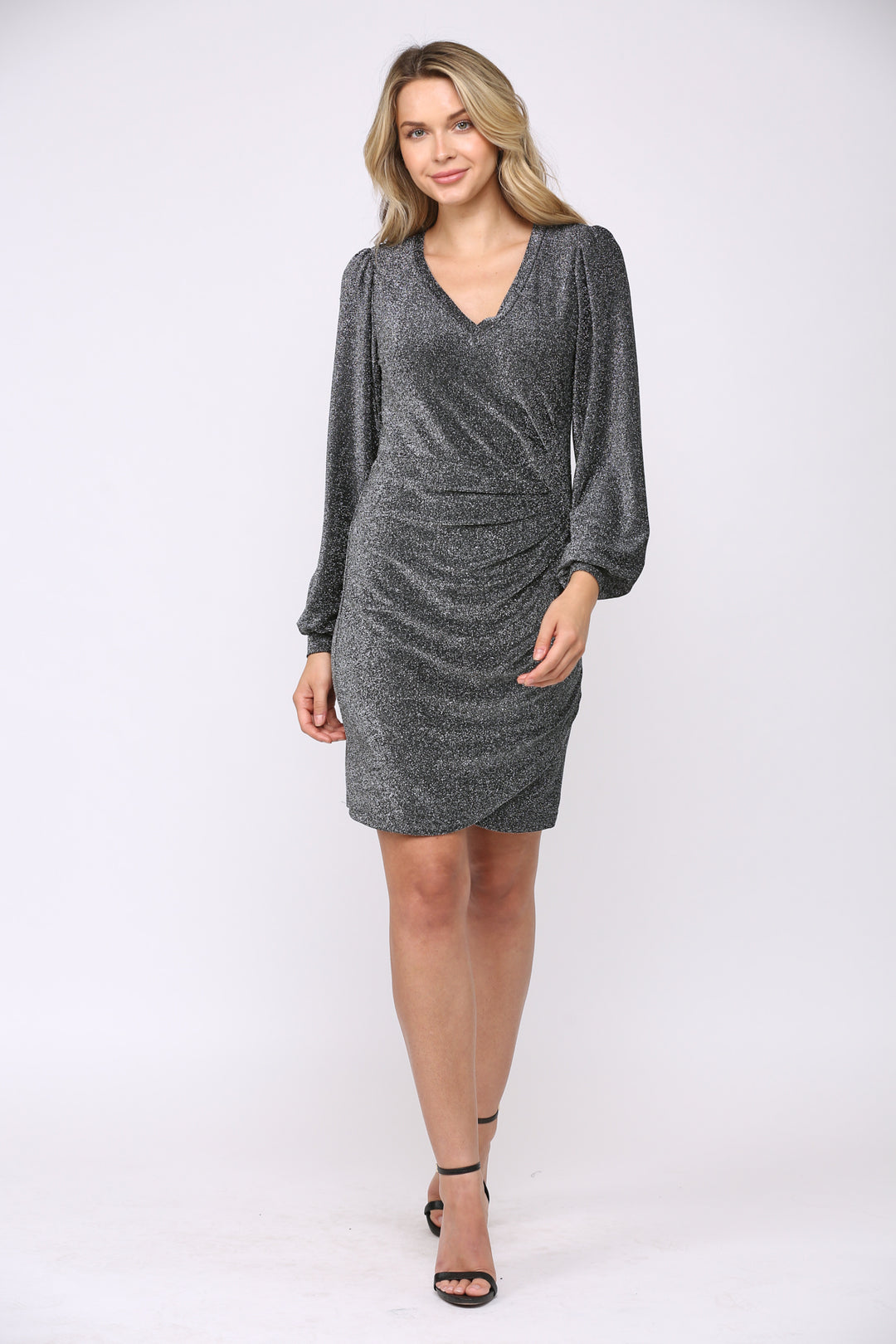 LONG SLEEVE V NECK DRESS-BLACK/SILVER - Kingfisher Road - Online Boutique
