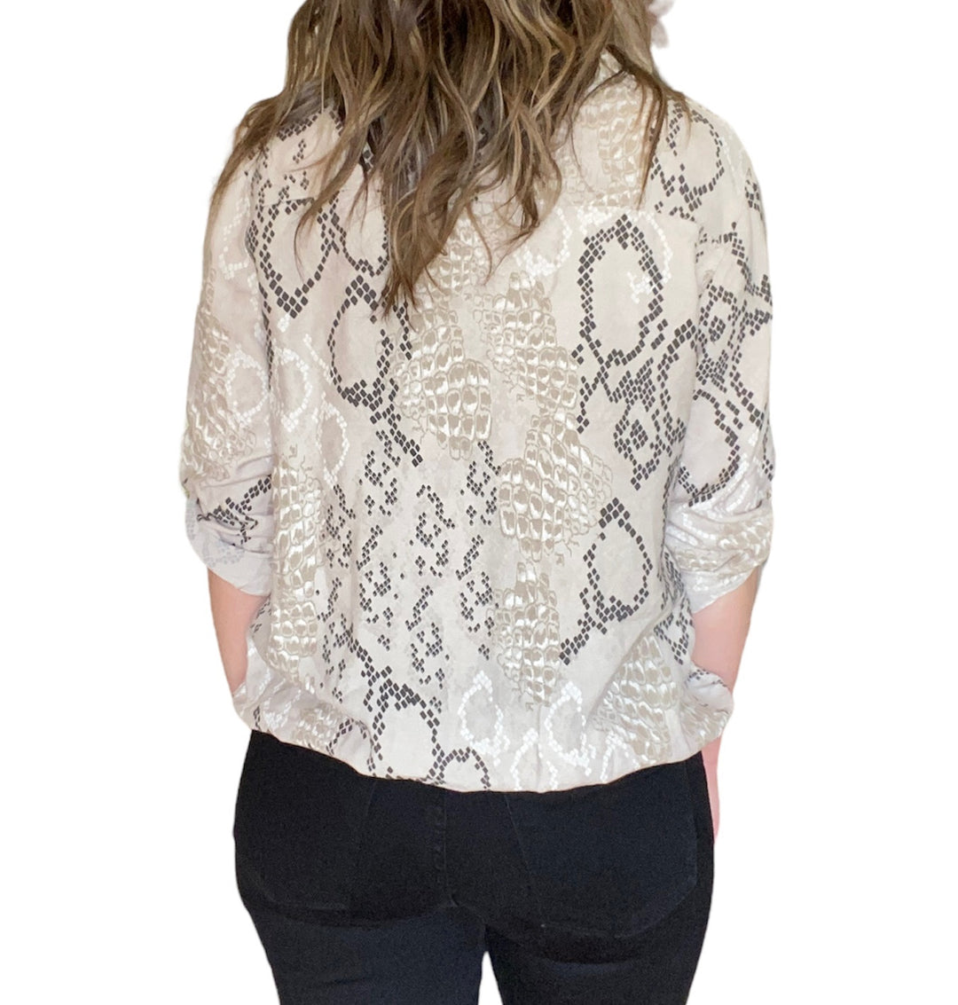 BEIGE SEQUIN POCKET SNAKE PRINT TOP - Kingfisher Road - Online Boutique