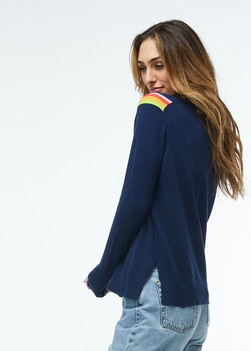 V-NECK STRIPE LONG SLEEVE SWEATER - MARINE - Kingfisher Road - Online Boutique