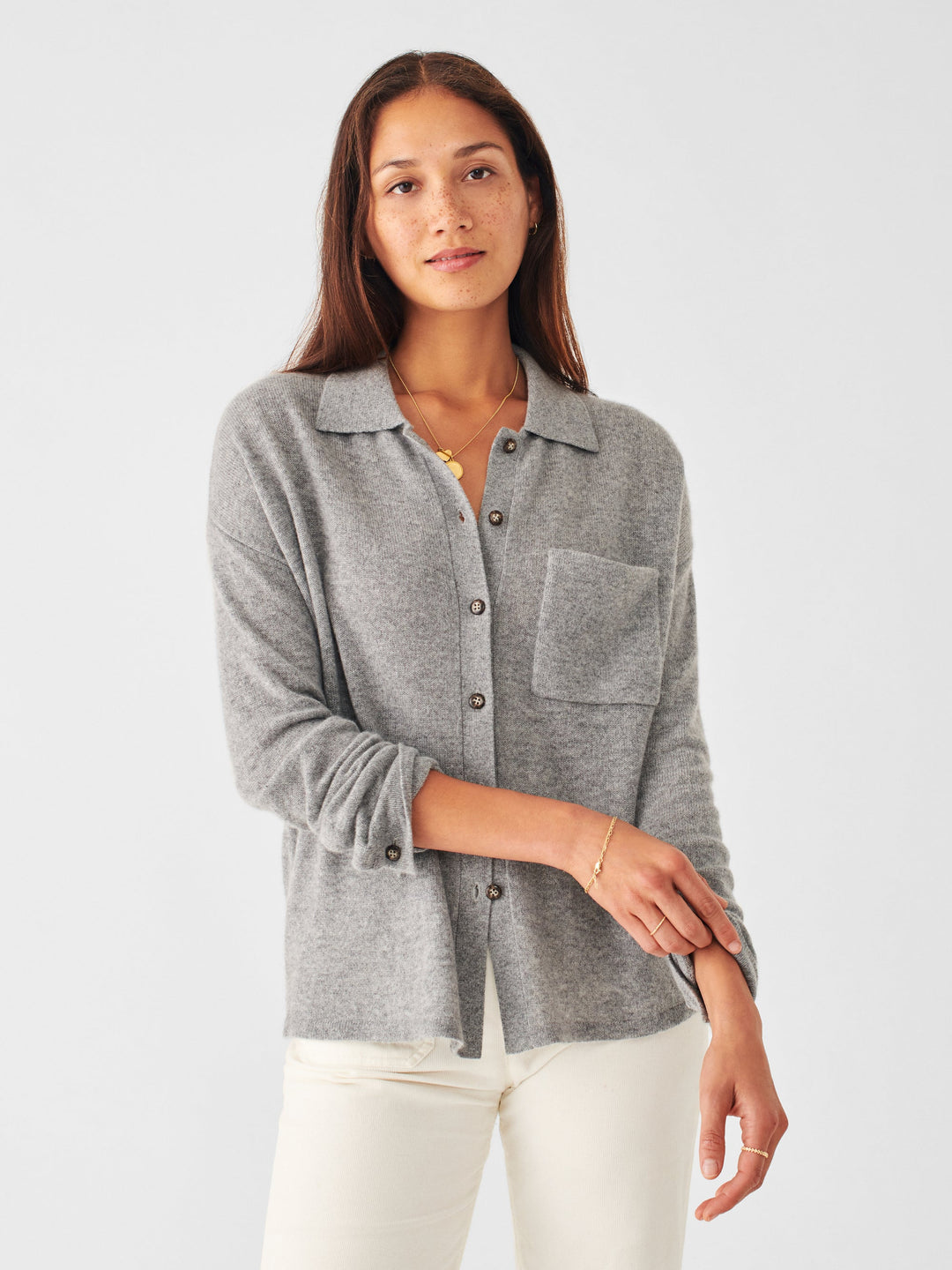 CASHMERE SWEATER SHIRT-HEATHER GREY - Kingfisher Road - Online Boutique