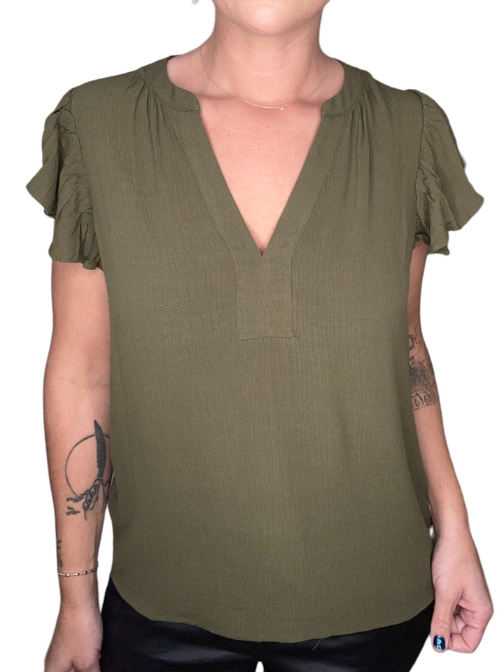 QUAY V-NECK RUFFLE SLEEVE TOP -  OLIVE - Kingfisher Road - Online Boutique