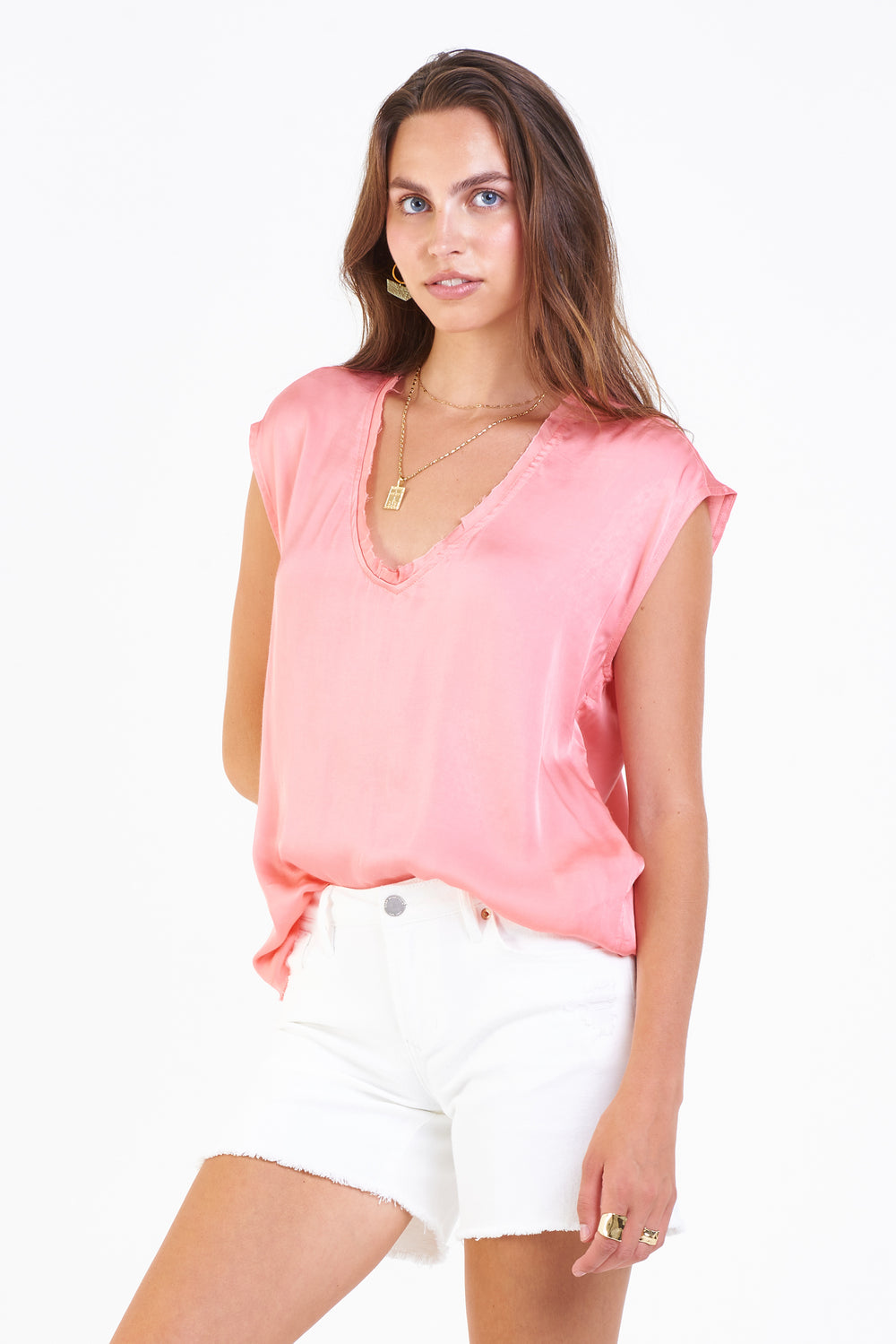 YANIS V-NECK SLEEVELESS TOP-SHELL PINK - Kingfisher Road - Online Boutique