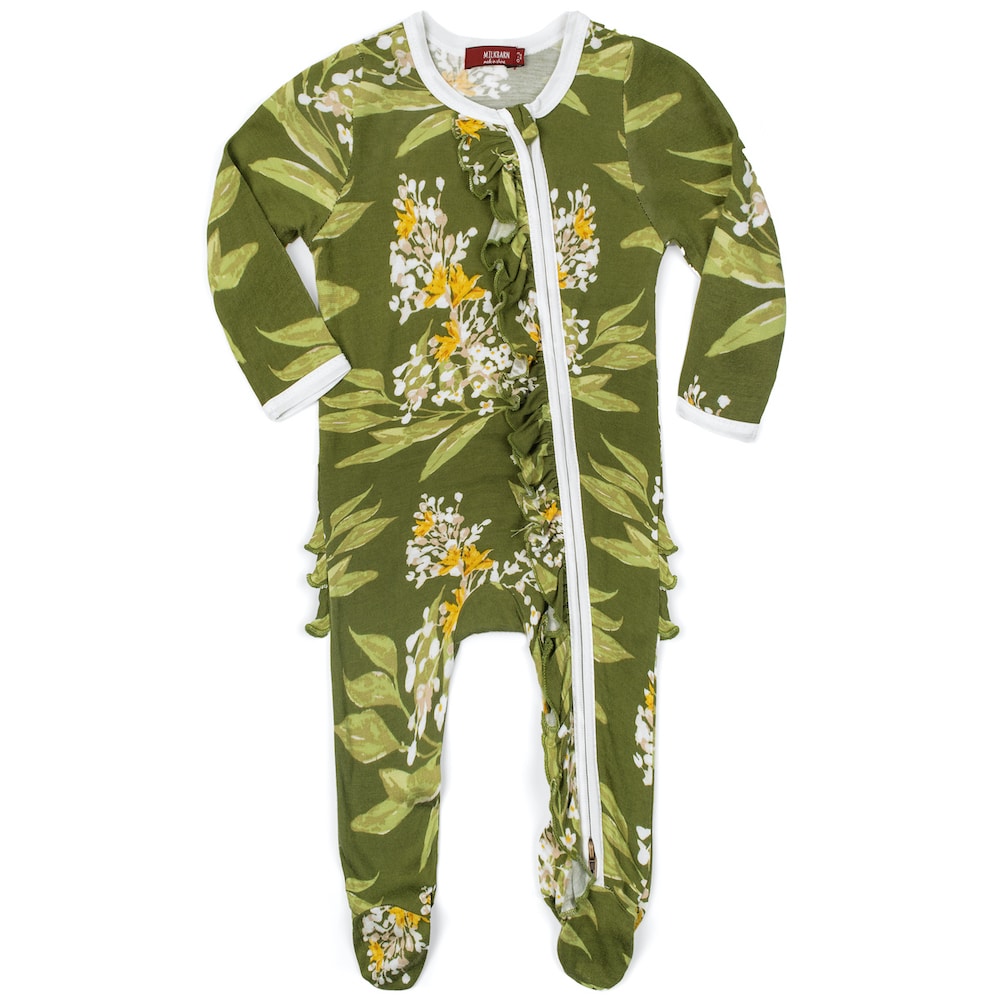 BAMBOO GREEN FLORAL RUFFLE ZIPPER FOOTED ROMPER - Kingfisher Road - Online Boutique