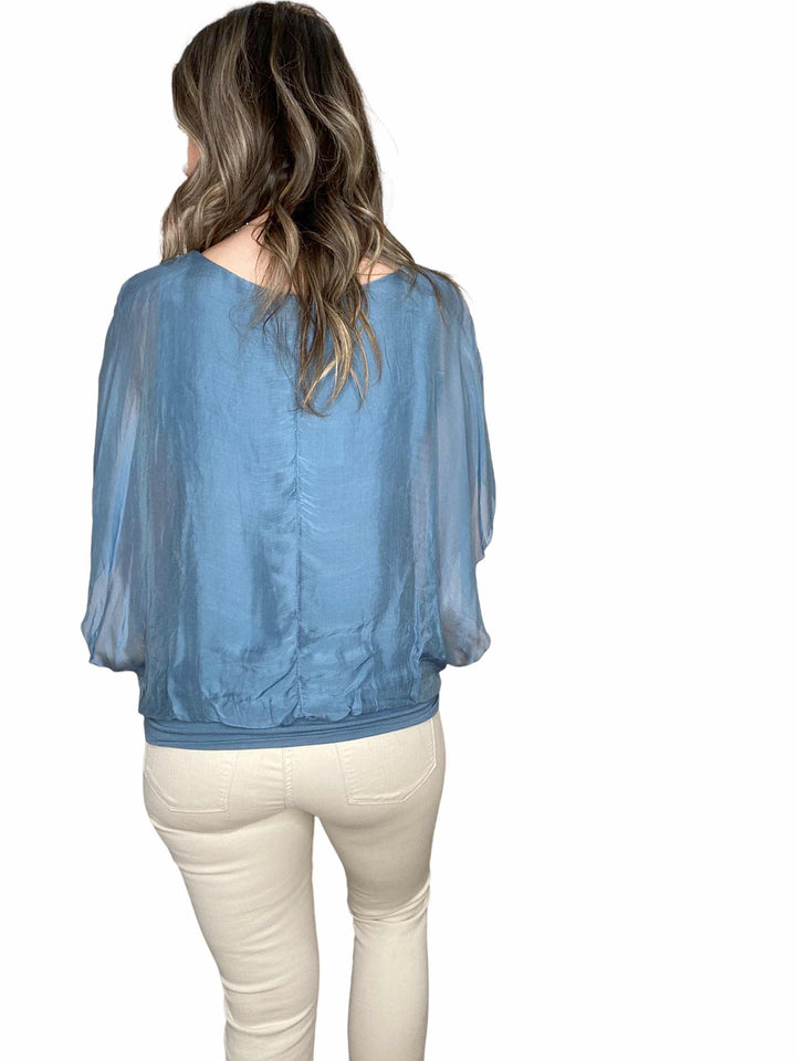 SILK BANDED SHORT SLEEVE TOP - DENIM - Kingfisher Road - Online Boutique