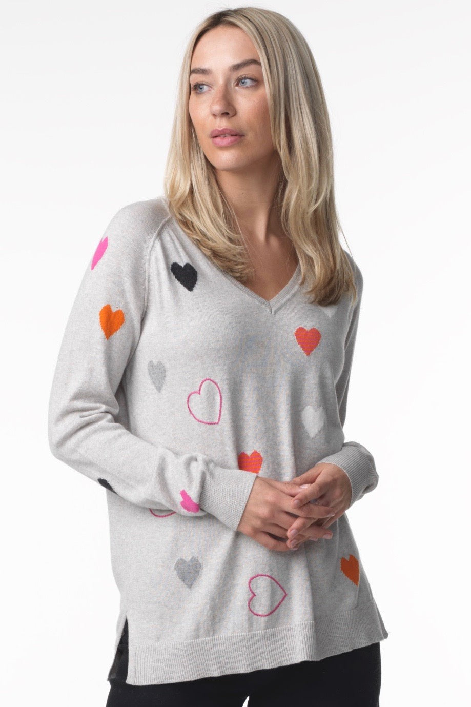 MARL V-NECK LONG SLEEVE WITH HEARTS SWEATER - Kingfisher Road - Online Boutique