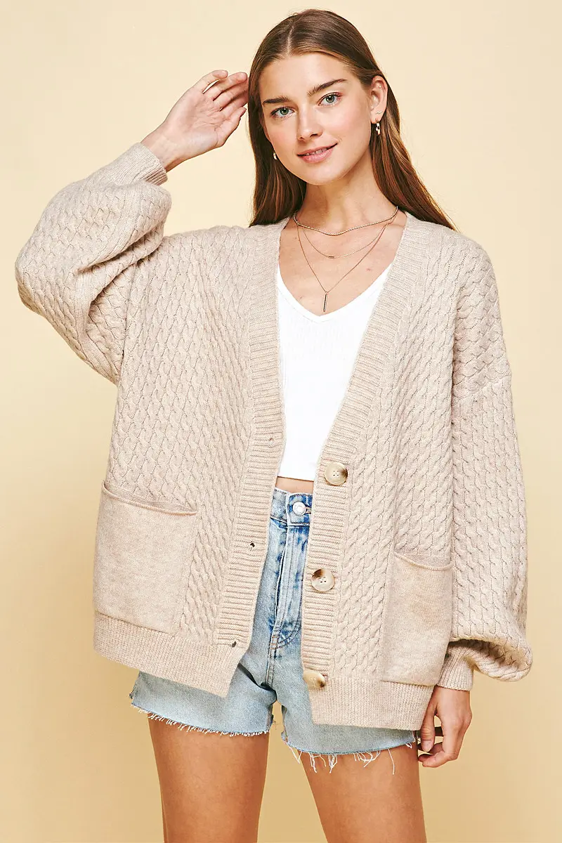 OATMEAL BUTTON FRONT CABLE KNIT CARDIGAN - Kingfisher Road - Online Boutique