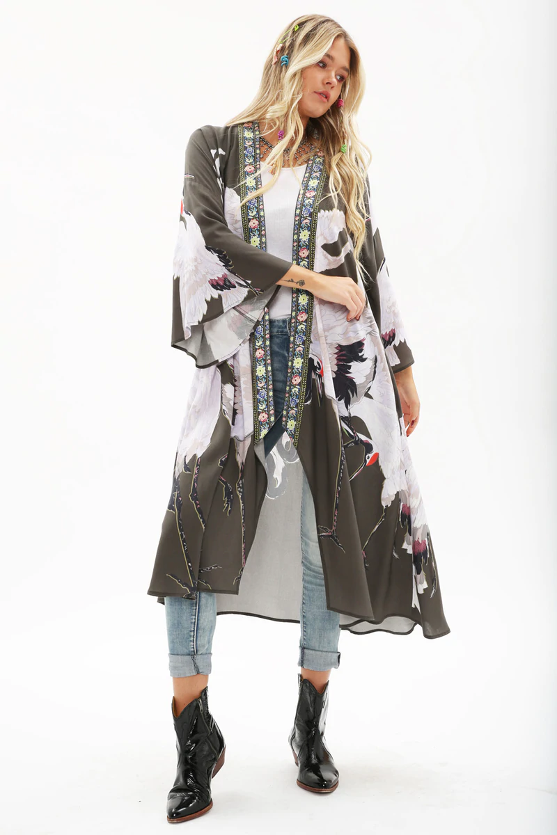 VINTAGE CHARCOAL STORY OF THE CRANE KIMONO - Kingfisher Road - Online Boutique