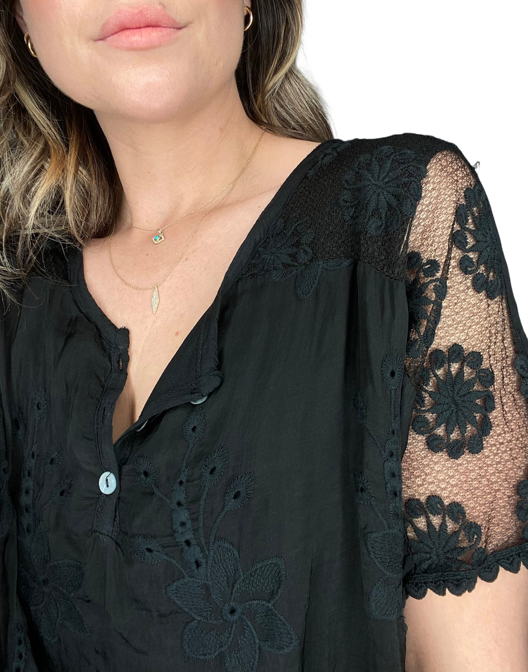 SILK FLORAL EMBROIDERED S/S TOP - BLACK - Kingfisher Road - Online Boutique